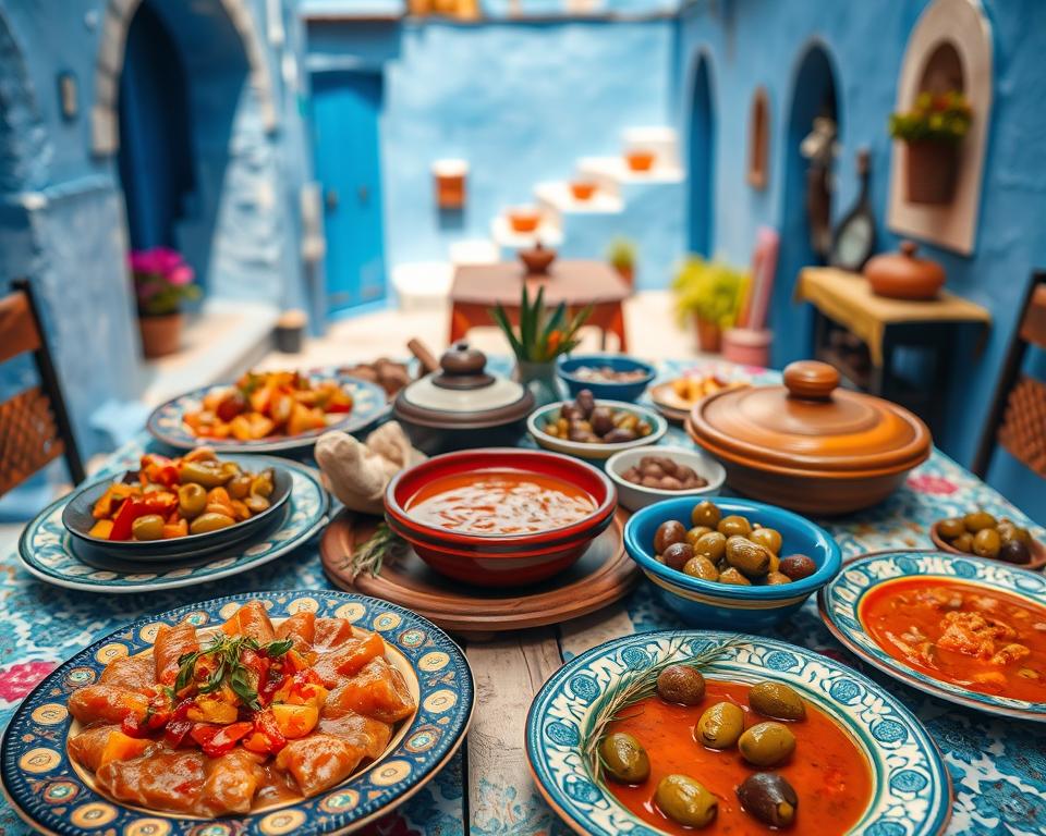 A vibrant scene of traditional Moroccan food displayed on a colorful table in Chefchaouen, surrounded by the iconic blue-washed buildings. The foreground features an array of authentic dishes, including tagine with vegetables, spicy harira soup, and fresh olives, beautifully arranged on decorative plates. The middle ground shows a rustic wooden table adorned with patterned tablecloths, while local herbs and spices scatter the surface, adding texture and richness. In the background, the stunning blue walls of Chefchaouen create a captivating and serene atmosphere, with soft sunlight illuminating the scene, casting gentle shadows. The image should evoke a warm, welcoming mood, inviting viewers to experience the flavors of Moroccan cuisine. Use a shallow depth of field to focus on the food while keeping the beautiful architecture slightly blurred.