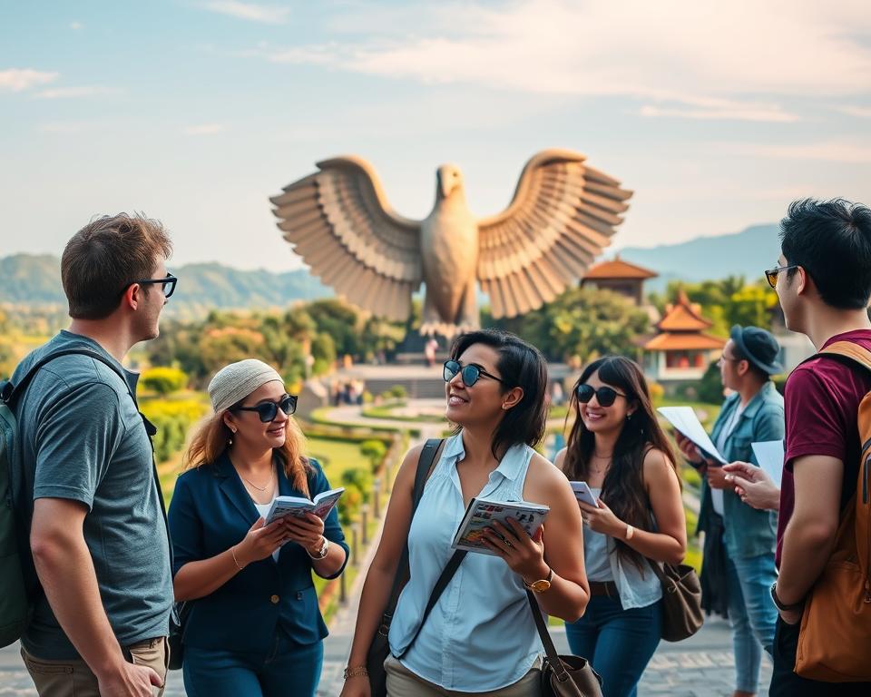 A vibrant scene set in Garuda Wisnu Kencana Cultural Park, showcasing tips for German tourists. In the foreground, a diverse group of tourists dressed in smart casual clothing observe a majestic statue of Garuda Wisnu, capturing excitement and engagement. They are holding maps and taking notes, reflecting curiosity about the culture and environment. In the middle ground, lush green landscapes and traditional Balinese architecture frame the statue, with friendly locals offering insights. The background features a clear blue sky and distant hills, emphasizing the park's natural beauty. Soft, warm lighting creates an inviting atmosphere, while a slightly elevated angle showcases both the grandeur of the statue and the interactive experience of the tourists. The mood is cheerful and adventurous. A vibrant scene set in Garuda Wisnu Kencana Cultural Park, showcasing tips for German tourists. In the foreground, a diverse group of tourists dressed in smart casual clothing observe a majestic statue of Garuda Wisnu, capturing excitement and engagement. They are holding maps and taking notes, reflecting curiosity about the culture and environment. In the middle ground, lush green landscapes and traditional Balinese architecture frame the statue, with friendly locals offering insights. The background features a clear blue sky and distant hills, emphasizing the park's natural beauty. Soft, warm lighting creates an inviting atmosphere, while a slightly elevated angle showcases both the grandeur of the statue and the interactive experience of the tourists. The mood is cheerful and adventurous.