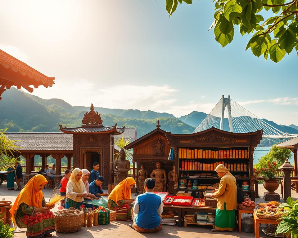 A vibrant scene showcasing "Kultur Langkawi," featuring traditional Malay architecture and local cultural elements. In the foreground, depict a group of people in modest, colorful attire engaging in a cultural activity, such as weaving or crafting batik. In the middle, showcase intricate wooden carvings and a traditional market stall filled with local handicrafts and spices. The background should feature lush green hills and the iconic Langkawi Sky Bridge under a clear blue sky. The lighting is warm and inviting, suggesting late afternoon with soft golden sunlight casting gentle shadows. Capture a tranquil and respectful atmosphere, highlighting the rich culture of Langkawi Island.