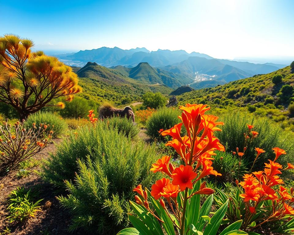 A vibrant scene showcasing Madeira's endemic plant species in a lush, tropical landscape. In the foreground, highlight unique flora like the Madeiran laurel tree and the bright orange flowers of the endemic 'Pico das Pedras' plant. The middle ground should depict a variety of green shrubs and colorful blossoms amidst gently rolling hills. In the background, a panoramic view of the rugged, mountainous terrain under a clear blue sky with a soft, golden sunlight illuminating the scene. The overall atmosphere is serene and enchanting, evoking a sense of discovery and natural beauty. Use a wide-angle lens to capture the vastness of the landscape while maintaining focus on the intricate details of the plants.