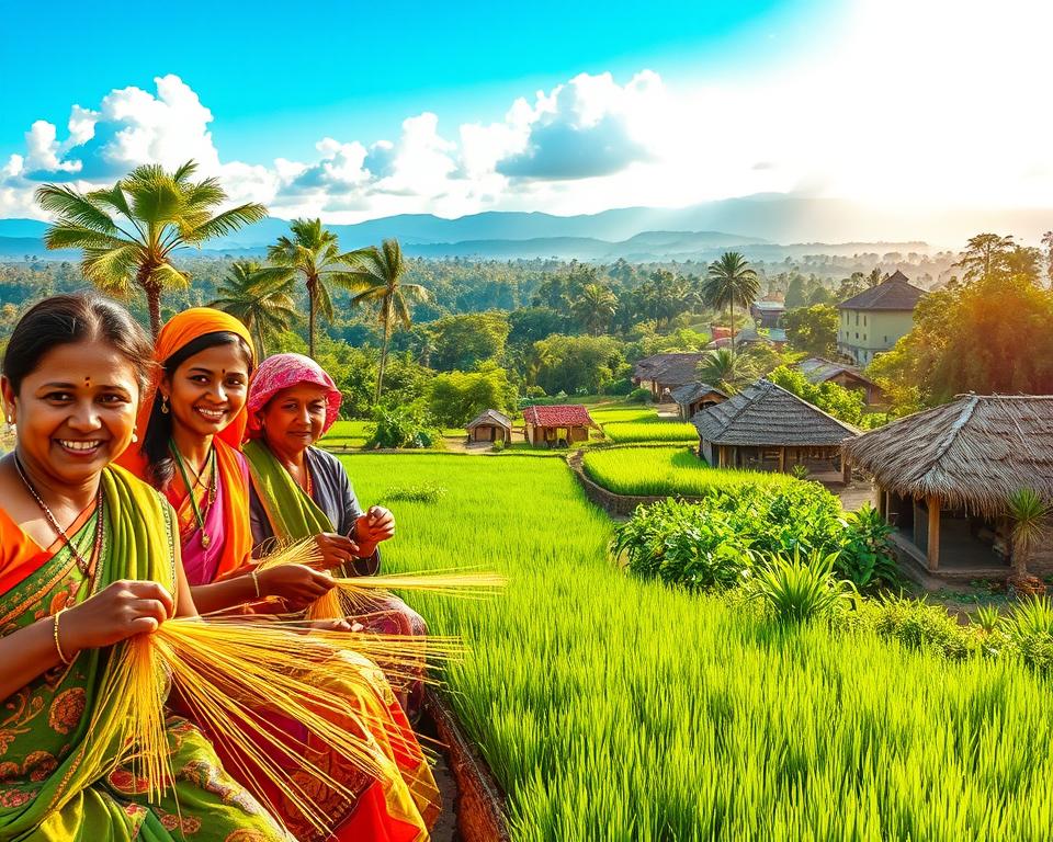 A vibrant scene showcasing Tharu culture in the heart of Chitwan National Park, Nepal. In the foreground, a group of Tharu villagers dressed in colorful, traditional attire engage in daily activities, such as weaving and crafting. Their expressions are warm and welcoming. In the middle ground, lush green fields and traditional Tharu houses made of mud and thatch can be seen, with the outline of the jungle and an array of tropical plants. In the background, the silhouette of distant hills under a bright blue sky with fluffy white clouds adds depth. The atmosphere is lively and inviting, illuminated by soft, golden afternoon sunlight to create a serene yet dynamic mood. Use a slightly elevated angle to capture the essence of the culture and landscape harmoniously.