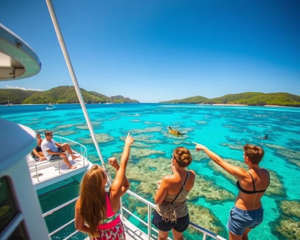A vibrant scene showcasing a Cairns Reef tour, captured from an aerial perspective. In the foreground, a bright white catamaran is anchored, with tourists in modest casual clothing enjoying the view, pointing at colorful coral formations below. The middle layer features a stunning array of turquoise waters dotted with patches of coral, vibrant schools of fish, and perhaps a playful sea turtle gliding by. In the background, the lush green hills of the Cairns coastline rise against the clear blue sky, illuminated by warm sunlight. The atmosphere is lively and adventurous, evoking the excitement of exploring the Great Barrier Reef. The image should have crisp details, with the light sparkling on the water's surface, capturing the beauty of this unique Australian destination.