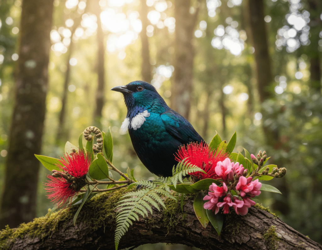 A vibrant scene showcasing a Tui bird perched gracefully on a branch in a lush New Zealand forest. The Tui is characterized by its striking iridescent green and blue plumage with a distinctive white throat patch. In the foreground, the bird is in sharp focus, showcasing its glossy feathers and curious expression. The middle ground features vivid native flora, including bright blossoms and ferns, illuminated by soft, golden sunlight filtering through the leaves. In the background, a blurred impression of the forest creates a serene atmosphere, emphasizing the bird’s natural habitat. Capture this scene from a low angle to highlight the Tui’s elegance, evoking a sense of tranquility and the beauty of New Zealand’s unique wildlife.