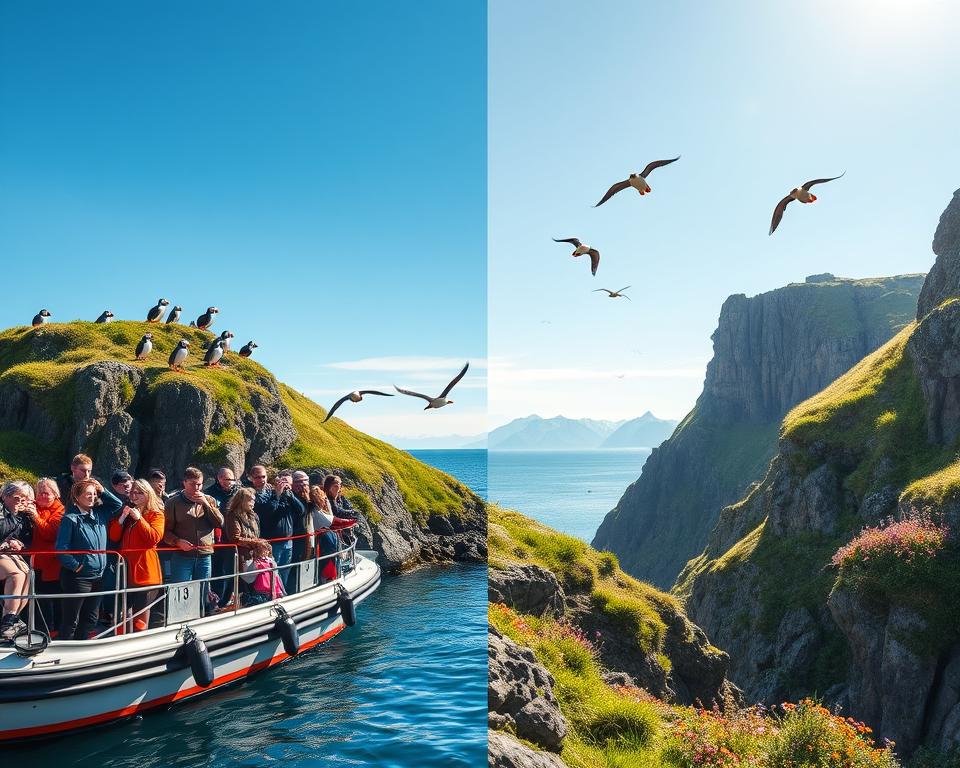 A vibrant scene showcasing a split view of an iconic Icelandic coastline, depicting the choice between a Puffin Tour Boot and the rugged cliffs. In the foreground, on the left, a small tour boat filled with enthusiastic birdwatchers clad in casual but modest clothing, binoculars in hand, gazes eagerly at colorful puffins perched on rocky edges. In the middle, the vertical rocky cliffs rise dramatically, dotted with lush green grass and vibrant wildflowers, while some puffins take flight against a clear blue sky. The background features distant mountains under soft, diffused sunlight, creating a serene yet exciting atmosphere. Capture this in a wide-angle perspective to emphasize the beauty of the landscape, ensuring the lighting highlights the lively colors of the puffins and the natural scenery.