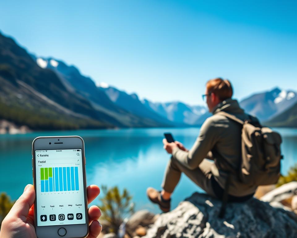A vibrant scene showcasing a traveler by the pristine Nahuel Huapi Lake in Argentina, with majestic mountains in the background under a clear blue sky. In the foreground, a smartphone displaying strong signal bars symbolizes mobile connectivity. The traveler, dressed in casual yet modest clothing, is seated on a rock, observing the lake while holding the phone, representing the practical aspect of mobile communication during travels. Soft sunlight casts gentle shadows, adding warmth to the scene, and emphasizes the serene beauty of the natural landscape. The focus is sharp with a slight bokeh effect on the distant mountains, creating a sense of depth. The atmosphere is peaceful and inviting, suggesting a blend of adventure and connection to the outside world. A vibrant scene showcasing a traveler by the pristine Nahuel Huapi Lake in Argentina, with majestic mountains in the background under a clear blue sky. In the foreground, a smartphone displaying strong signal bars symbolizes mobile connectivity. The traveler, dressed in casual yet modest clothing, is seated on a rock, observing the lake while holding the phone, representing the practical aspect of mobile communication during travels. Soft sunlight casts gentle shadows, adding warmth to the scene, and emphasizes the serene beauty of the natural landscape. The focus is sharp with a slight bokeh effect on the distant mountains, creating a sense of depth. The atmosphere is peaceful and inviting, suggesting a blend of adventure and connection to the outside world.