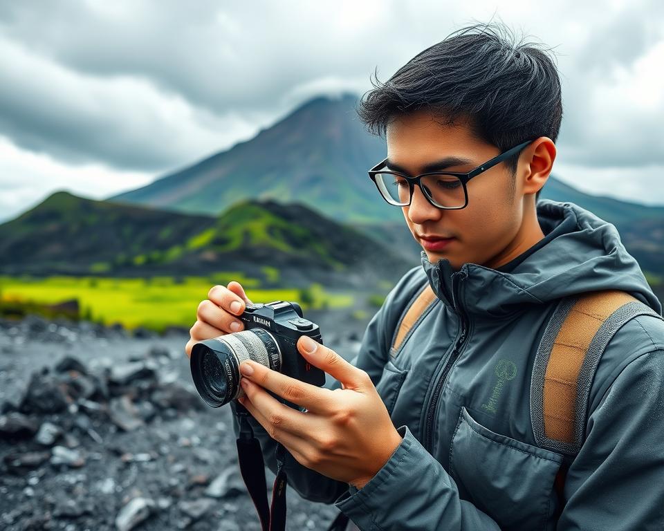 A vibrant scene showcasing a traveler inspecting a dusty camera in the foreground, emphasizing the effects of volcanic ash. The traveler, dressed in a lightweight jacket and protective eyewear, holds the camera carefully, illustrating the practicalities of visiting a volcanic area. In the middle ground, the towering silhouette of Sakurajima volcano looms under a dramatic, overcast sky, exuding an air of mystery and adventure. The background features the lush green island landscape juxtaposed with the gray ash deposits scattered across the terrain. Soft, diffused lighting from an overcast sky creates a moody yet captivating atmosphere, highlighting the unique beauty and challenges of exploring this volcanic island. The angle captures both the traveler's focused expression and the imposing volcano in the background, creating a narrative of exploration and resilience.