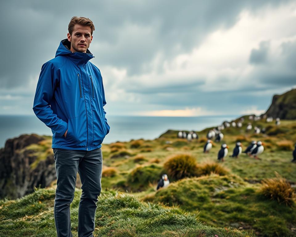 A vibrant scene showcasing a waterproof jacket designed for the unpredictable weather in Iceland. In the foreground, a model wearing the jacket stands confidently, hands in pockets, exuding a sense of adventure. The jacket is in a striking cobalt blue color, reflecting Iceland’s wild landscapes. In the middle ground, rugged cliffs and patches of grass hint at the nearby coast, with a group of puffins visible in the distance, emphasizing the unique wildlife. The background features a dramatic sky filled with moody clouds, suggesting an impending rain, with soft, diffused lighting casting a gentle glow on the scene. The overall mood is one of exploration and resilience against nature’s elements, inviting viewers to prepare for an Icelandic adventure.