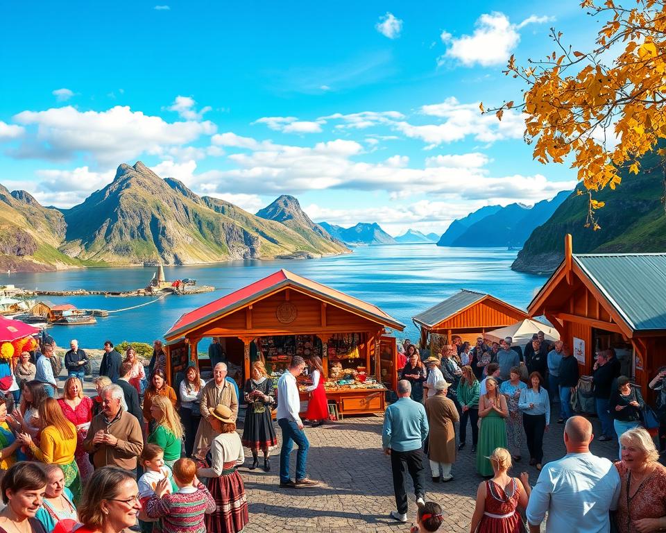A vibrant scene showcasing cultural events and festivals in the Lofoten Islands throughout the year. In the foreground, a lively festival gathering with people dressed in colorful traditional Norwegian clothing, joyfully participating in local dances. In the middle, beautifully decorated wooden stalls displaying handcrafted goods and traditional foods, with locals engaging with visitors. The background features stunning Lofoten landscapes, including dramatic mountains and serene fjords under varying seasonal skies, from bright summer blue to crisp autumn hues. The atmosphere is lively and festive, illuminated by soft, warm lighting that conveys a welcoming and cheerful vibe. The image is captured with a wide-angle lens to encompass the beauty of the surroundings, focusing on the cultural richness and community spirit.