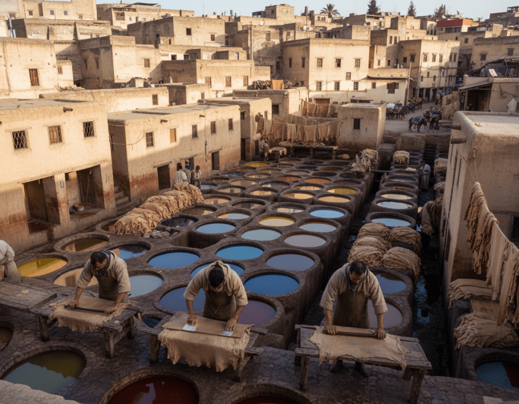 A vibrant scene showcasing the Chouara Gerberei in Fes, Morocco, featuring traditional leather tanning pits filled with colorful dyes. In the foreground, artisans dressed in modest, professional attire carefully work with leather, showcasing their craftsmanship. The middle ground highlights the large, round dye pits in various shades of blue, yellow, and red, with textures of wet leather hanging to dry. The background reveals the ancient medina of Fes with its iconic, rustic buildings and bustling local atmosphere. Soft, natural sunlight bathes the scene, casting delicate shadows and creating a warm, inviting atmosphere, emphasizing the heritage and artistry of leather processing in Fes. The angle captures the depth and intricate details of both the artisans and the vibrant dye pits.