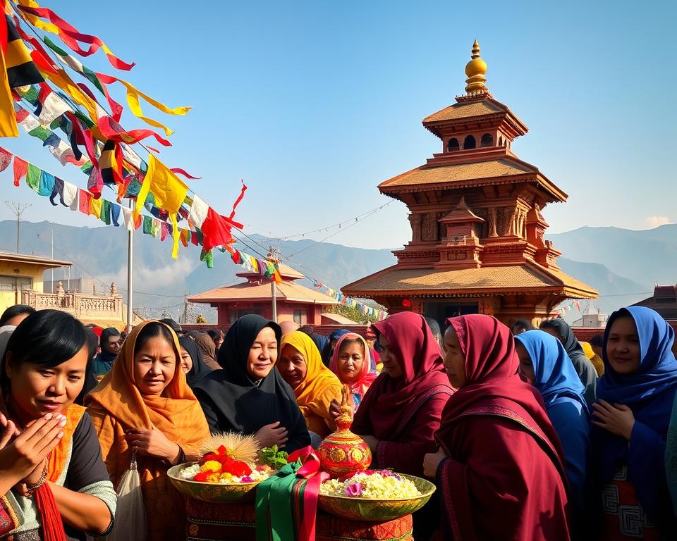 A vibrant scene showcasing the Newar religion in the Kathmandu Valley, emphasizing cultural traditions and rituals. In the foreground, a group of Newar people, dressed in traditional modest attire, engage in a colorful festival. Their expressions reflect joy and reverence, surrounded by intricate offerings and flowers. The middle ground features a majestic Newar temple with ornate carvings and prayer flags fluttering in gentle wind, under a clear blue sky. The background highlights the picturesque hills of Nepal, creating an immersive atmosphere of spirituality and community. Utilize soft, warm lighting to enhance the festive mood, captured from a slightly elevated angle to encompass the rich details and lively interactions. A vibrant scene showcasing the Newar religion in the Kathmandu Valley, emphasizing cultural traditions and rituals. In the foreground, a group of Newar people, dressed in traditional modest attire, engage in a colorful festival. Their expressions reflect joy and reverence, surrounded by intricate offerings and flowers. The middle ground features a majestic Newar temple with ornate carvings and prayer flags fluttering in gentle wind, under a clear blue sky. The background highlights the picturesque hills of Nepal, creating an immersive atmosphere of spirituality and community. Utilize soft, warm lighting to enhance the festive mood, captured from a slightly elevated angle to encompass the rich details and lively interactions.
