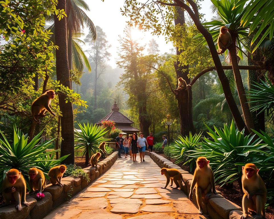 A vibrant scene showcasing the Sangeh Monkey Forest in Bali, featuring lush green foliage and towering trees in the background. In the foreground, a pathway winds through the forest, lined with natural stone and tropical flowers. Playful monkeys are seen interacting with visitors, some perched on branches while others explore the ground, all engaging in friendly yet lively behavior. The golden sunlight filters through the trees, creating a warm and inviting atmosphere. The image is captured from a slightly elevated angle to provide a panoramic view of the forest, focusing on the natural beauty and the sense of adventure. The overall mood is joyful and serene, inviting the viewer to explore this unique destination. A vibrant scene showcasing the Sangeh Monkey Forest in Bali, featuring lush green foliage and towering trees in the background. In the foreground, a pathway winds through the forest, lined with natural stone and tropical flowers. Playful monkeys are seen interacting with visitors, some perched on branches while others explore the ground, all engaging in friendly yet lively behavior. The golden sunlight filters through the trees, creating a warm and inviting atmosphere. The image is captured from a slightly elevated angle to provide a panoramic view of the forest, focusing on the natural beauty and the sense of adventure. The overall mood is joyful and serene, inviting the viewer to explore this unique destination.