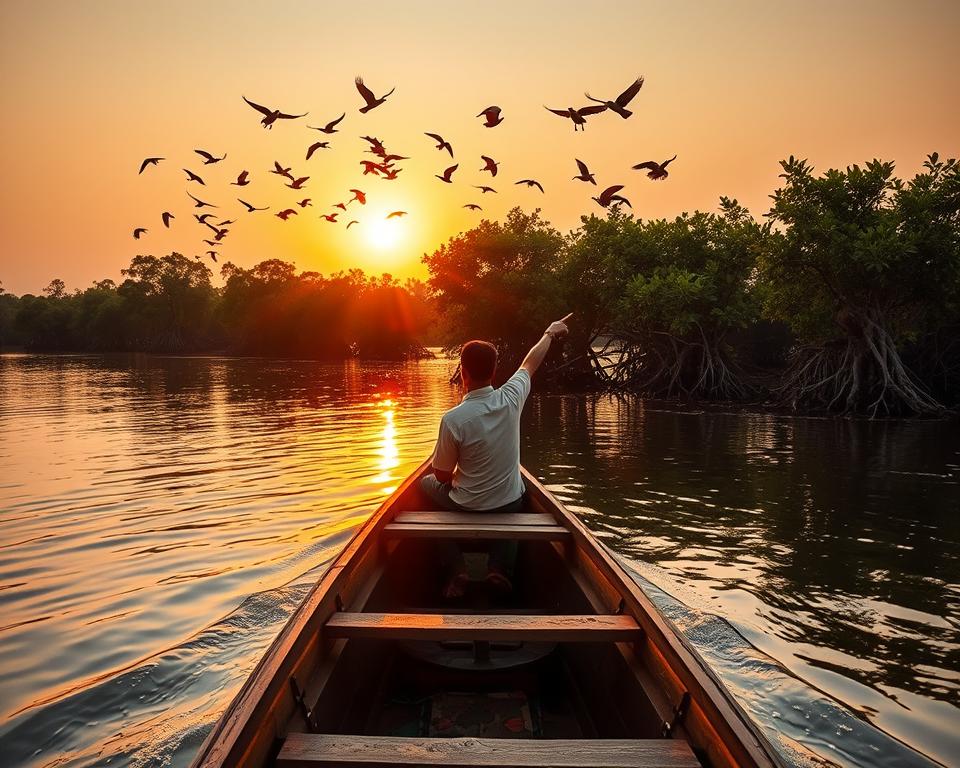 A vibrant scene showcasing the best travel time in the Sundarbans, focusing on lush green mangrove forests during the golden hour. In the foreground, a small wooden boat glides seamlessly across the calm waters, with a local guide in modest casual clothing pointing towards a distant flock of vibrant migratory birds taking flight. The middle ground features dense clusters of mangrove trees, their roots partially submerged, reflecting richly in the water. In the background, the sun sets, casting a warm golden light across the sky, creating a peaceful atmosphere. The lighting is soft yet illuminating, enhancing the rich colors of nature. Capture this tranquil yet adventurous mood, inviting viewers to explore this unique ecosystem.