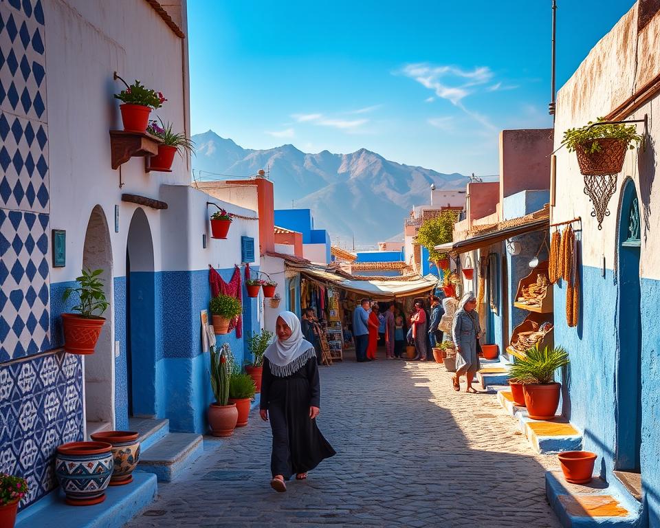 A vibrant scene showcasing the essence of Morocco's Blue City, Chefchaouen. In the foreground, intricately patterned blue and white buildings, adorned with colorful flower pots, create an inviting atmosphere. A modestly dressed person, wearing traditional Moroccan attire, walks respectfully along the cobblestone path, embodying the spirit of cultural appreciation. In the middle ground, a bustling souk with local artisans presents handcrafted goods, while friendly neighbors chat casually. The background features stunning mountainous terrain under a clear blue sky, with soft, warm lighting casting gentle shadows that enhance the textures of the walls. The overall mood is serene and welcoming, capturing the cultural richness and the importance of respectful behavior while traveling in Morocco.