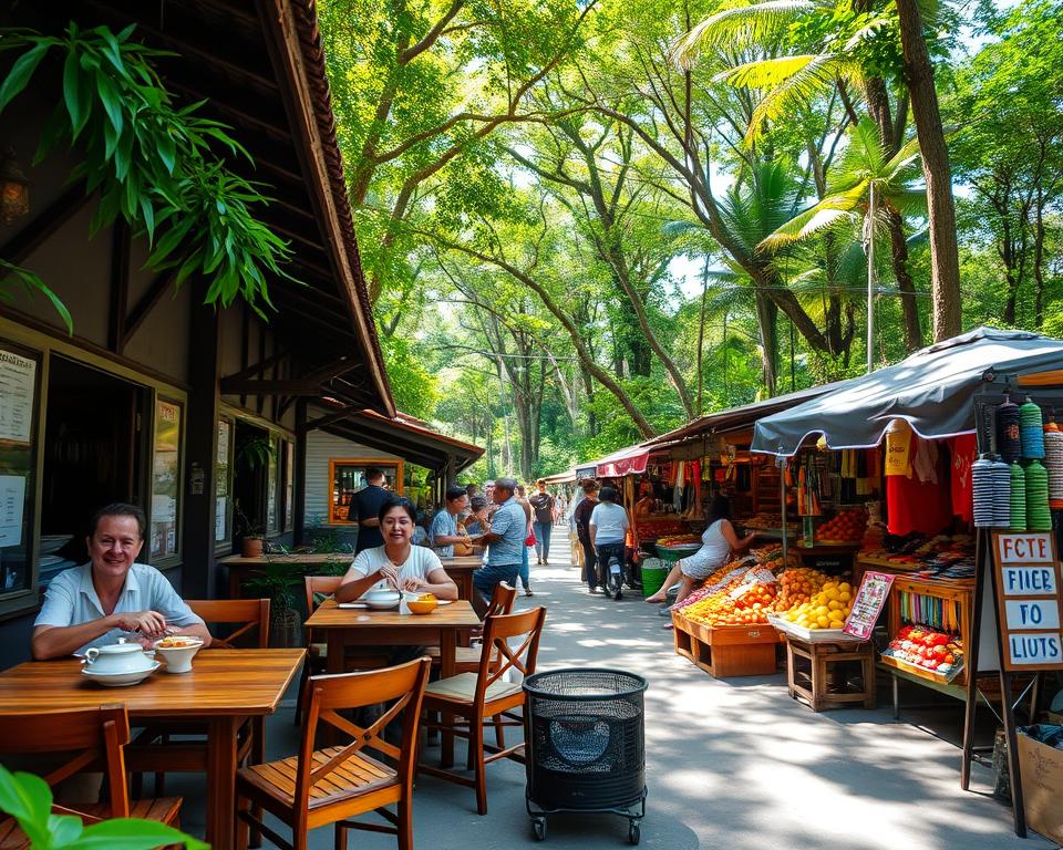 A vibrant scene showcasing the gastronomy and shopping options around the Sangeh Monkey Forest, set in a lush, tropical environment. In the foreground, a quaint outdoor café with wooden tables and chairs, where friendly patrons in modest casual clothing enjoy local dishes. The middle ground features colorful market stalls selling fresh fruits, handmade crafts, and traditional Balinese souvenirs, creating a lively atmosphere. In the background, dense green trees of the forest stretch upwards under soft, dappled sunlight filtering through foliage, casting gentle shadows. The angle is slightly elevated, capturing both the café scene and the market. The mood is inviting and cheerful, reflecting the rich culture and culinary delights of the area. A vibrant scene showcasing the gastronomy and shopping options around the Sangeh Monkey Forest, set in a lush, tropical environment. In the foreground, a quaint outdoor café with wooden tables and chairs, where friendly patrons in modest casual clothing enjoy local dishes. The middle ground features colorful market stalls selling fresh fruits, handmade crafts, and traditional Balinese souvenirs, creating a lively atmosphere. In the background, dense green trees of the forest stretch upwards under soft, dappled sunlight filtering through foliage, casting gentle shadows. The angle is slightly elevated, capturing both the café scene and the market. The mood is inviting and cheerful, reflecting the rich culture and culinary delights of the area.