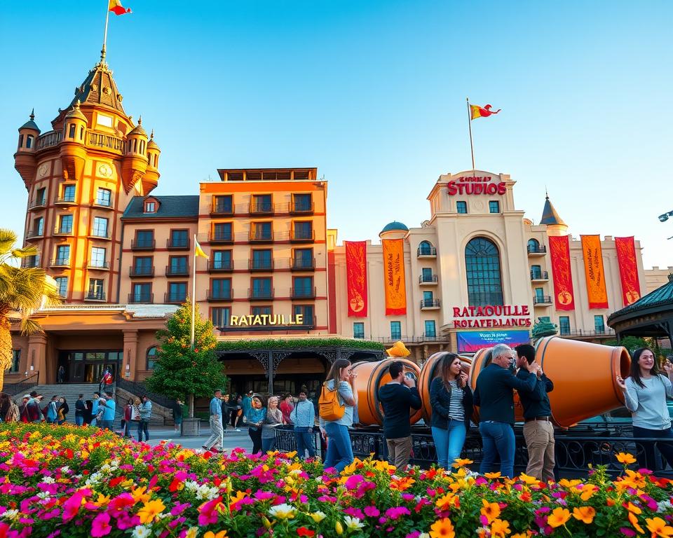 A vibrant scene showcasing the iconic attractions of Walt Disney Studios Park in Disneyland Paris. In the foreground, feature the stunning replica of the Hollywood Tower Hotel, bathed in warm, golden sunlight, surrounded by colorful flowers. In the middle ground, capture the thrilling Ratatouille ride with guests enjoying the immersive experience, emphasizing their expressions of joy and excitement, dressed in casual clothing. In the background, the iconic Studio 1 building stands proud under a clear blue sky, with vibrant banners flapping in the breeze. The overall atmosphere is lively and whimsical, evoking a sense of adventure and childhood wonder. Use a wide-angle lens to capture the grandeur of the park, with soft, diffused lighting enhancing the magical ambiance.