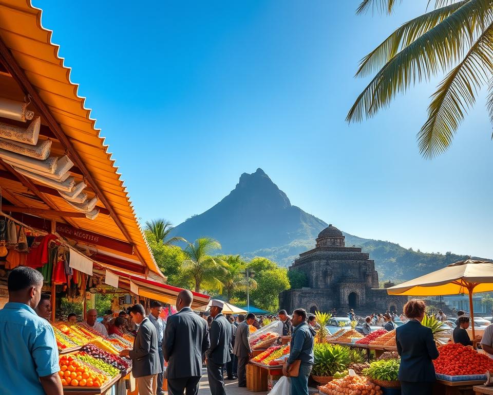 A vibrant scene showcasing the iconic landmarks of Port Louis, Mauritius. In the foreground, a bustling market stall with colorful fruits and spices, attended by locals in modest, professional attire. In the middle, the impressive Aapravasi Ghat, a UNESCO World Heritage site, with its historic stone architecture, surrounded by lush greenery. To the background, the silhouette of the Le Pouce mountain under a clear blue sky, adding depth to the landscape. The lighting is bright and inviting, with the warm sunlight enhancing the rich colors of the scene. The atmosphere is lively and welcoming, capturing the essence of cultural exploration in this vibrant city.