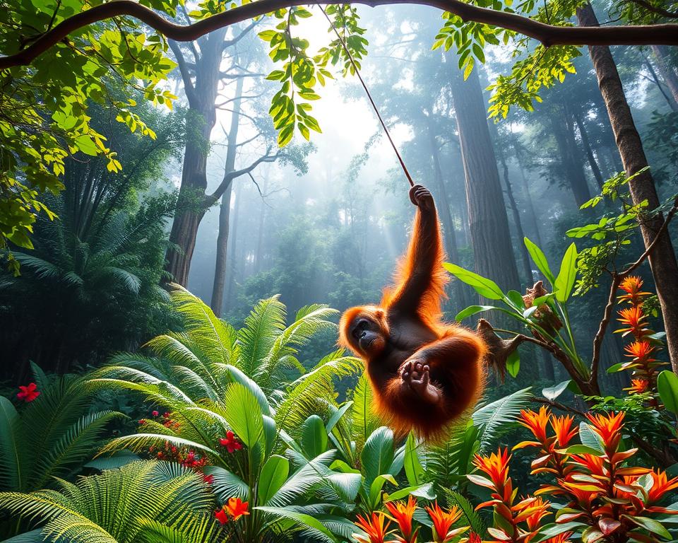 A vibrant scene showcasing the lush rainforest of Sepilok, Malaysia, focusing on a playful Orangutan swinging from a tree branch in the foreground. In the middle ground, include a rich tapestry of tropical foliage, with ferns and brightly colored flowers surrounding the Orangutan. The background features towering trees shrouded in mist, creating a sense of depth and mystery. Soft, dappled sunlight penetrates the canopy, casting gentle light on the scene, enhancing the lush greens and earthy browns of the forest. The atmosphere is serene yet lively, capturing the essence of wildlife tourism in this beautiful region. The perspective is slightly elevated, giving a view that invites the viewer to immerse themselves in this enchanting natural habitat, evoking a sense of adventure and discovery.