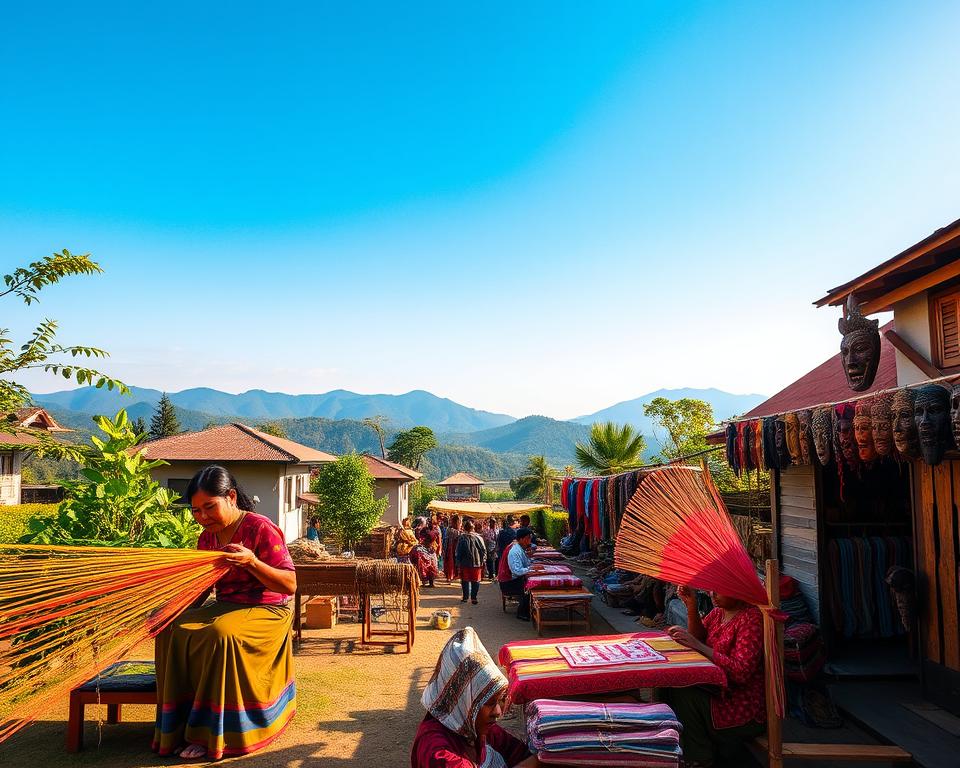 A vibrant scene showcasing the rich culture of Nagaland, India. In the foreground, depict local artisans dressed in traditional, modest clothing, skillfully weaving colorful fabrics. In the middle ground, include a lively market scene filled with handcrafted goods, such as intricate wood carvings and ceremonial masks, surrounded by lush greenery. In the background, capture the stunning Naga hills under a clear blue sky, adding depth to the landscape. The soft, warm sunlight casts gentle shadows, creating an inviting atmosphere. The angle of the shot should be slightly elevated, providing a panoramic view of the cultural richness and natural beauty of Nagaland, evoking a sense of pride and community spirit.