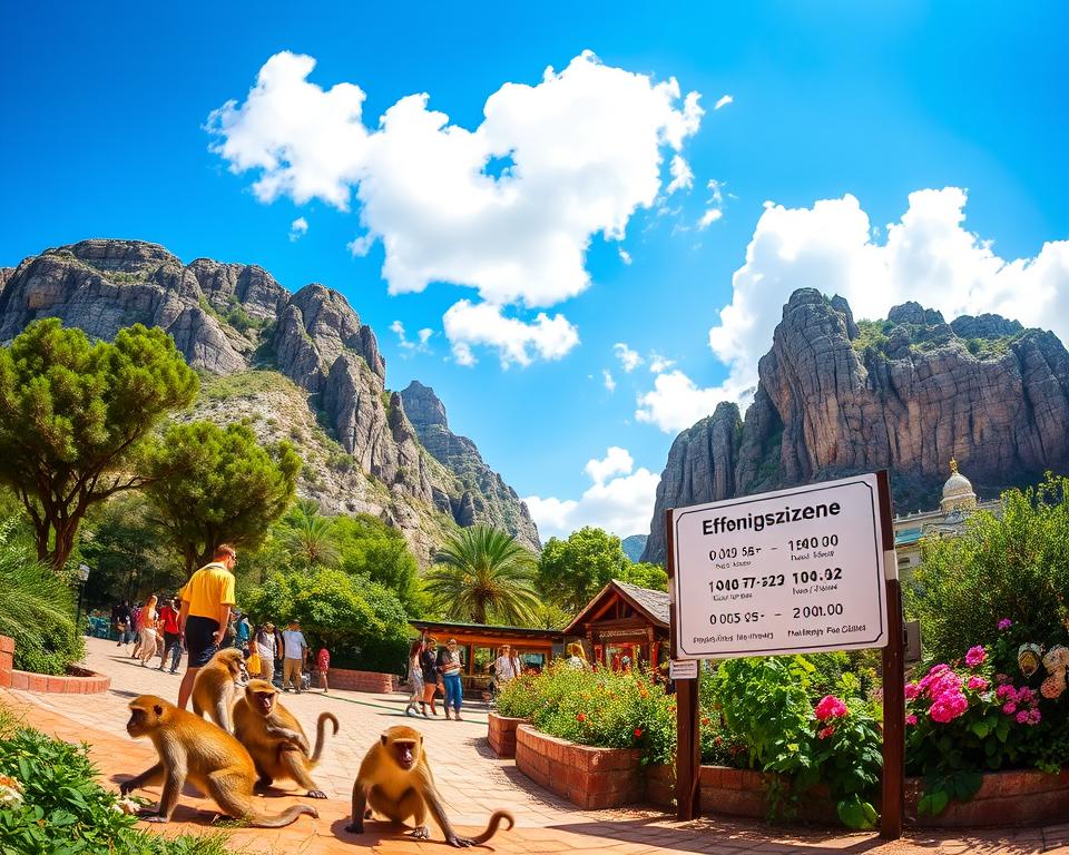 A vibrant, scenic depiction of the iconic Rock of Gibraltar, showcasing the famous Apes Den at the foreground, where a couple of Barbary macaques are playfully interacting with visitors. The middle ground features a clean, inviting entrance sign highlighting the "Öffnungszeiten" (opening hours) along with ticket prices, surrounded by lush greenery and beautiful flowers. The background captures the dramatic limestone cliffs of Gibraltar under a bright blue sky with fluffy white clouds. The scene is illuminated by soft, warm sunlight, creating a cheerful and welcoming atmosphere. The image is captured with a wide-angle lens to emphasize the stunning landscape and lively activity in a picturesque moment, conveying an inviting and informative mood perfect for travelers.