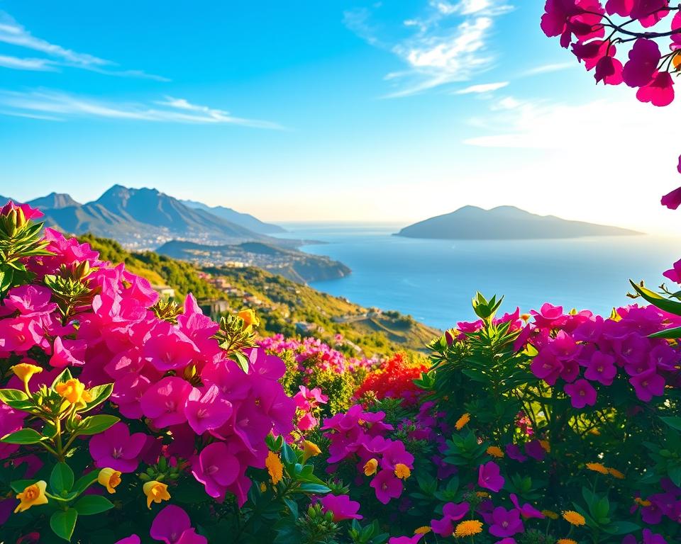 A vibrant spring landscape on Madeira, showcasing a lush garden filled with colorful spring flowers like bougainvillea, geraniums, and orchids in full bloom. In the foreground, vivid blossoms in shades of pink, purple, and yellow create a rich tapestry of color. The middle-ground reveals terraced gardens cascading down towards the azure sea, with sunlight illuminating the flowers, creating a warm, inviting atmosphere. In the background, the majestic mountains of Madeira rise under a clear blue sky with wisps of clouds. The scene captures the freshness of spring, exuding a sense of tranquility and natural beauty, evoking the essence of "Frühling auf Madeira: Das Blütenmeer erwacht." The lighting is soft and warm, reminiscent of the golden hour, providing a serene and picturesque setting.