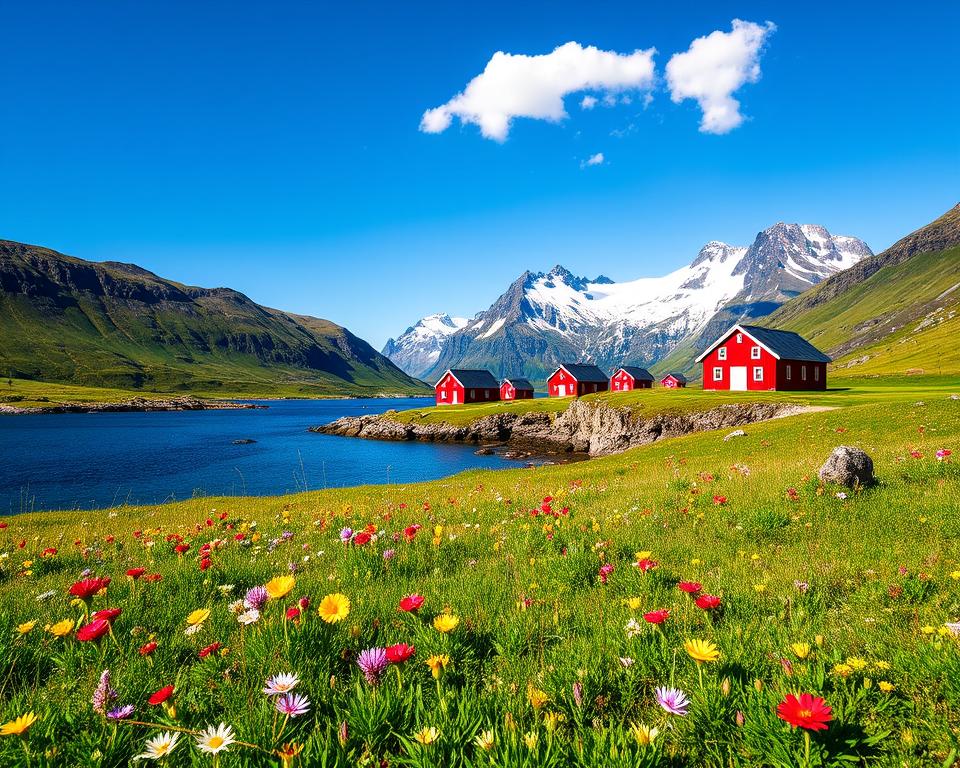 A vibrant spring landscape on the Lofoten Islands, showcasing the stunning contrast of lush green meadows dotted with colorful wildflowers in the foreground. In the middle ground, traditional red fisherman's cabins sit by a sparkling fjord, reflecting the clear blue sky above. Snow-capped mountains rise majestically in the background, embodying the beauty of early spring with patches of melting snow. The scene is bathed in soft, warm sunlight, creating a serene and inviting atmosphere. A few fluffy clouds drift lazily in the sky, enhancing the tranquil mood. Capture the image from a low angle, providing a sense of depth and immersion, as if the viewer is about to step into this picturesque setting.