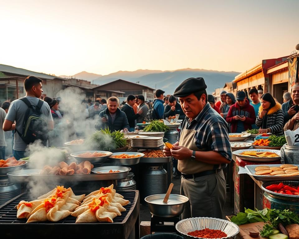 A vibrant street food market in the Sacred Valley of Peru, showcasing an array of colorful traditional dishes like ceviche, empanadas, and tamales. In the foreground, a local vendor in modest casual clothing prepares food over a grill, smoke rising into the air. The middle ground features excited visitors sampling food, experiencing the rich culture. The background displays the breathtaking Andean mountains under a soft, golden sunset, casting warm light across the scene. Incorporate lively stalls with fresh produce and herbs, evoking a vibrant atmosphere filled with the sounds and smells of culinary delights. Capture the essence of community and festivity, with a focus on the mouthwatering offerings and the natural beauty surrounding them. Aim for a slightly elevated angle to include both the food and scenic backdrop, conveying a sense of adventure in the heart of Peruvian gastronomy.