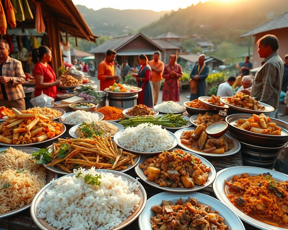 A vibrant street market scene in Nagaland, India, showcasing an array of traditional dishes and local delicacies. In the foreground, beautifully arranged plates filled with colorful, aromatic food—sticky rice, bamboo shoot dishes, and various meats, all garnished with fresh herbs. The middle ground features local vendors interacting with customers, wearing modest, traditional attire, their stalls adorned with fresh vegetables and spices. The background reveals a lush, hilly landscape typical of Nagaland, with traditional wooden huts and greenery. Golden hour lighting casts a warm glow over the scene, enhancing the rich colors of the food and the bustling atmosphere of the market, inviting viewers to experience the unique flavors of Nagaland's cuisine.