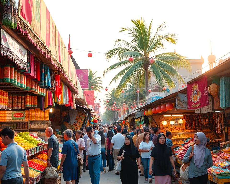 A vibrant street market scene in Sanya, China, showcasing a rich array of colorful stalls filled with local products, fresh fruits, handmade crafts, and traditional snacks. In the foreground, a diverse group of shoppers, dressed in casual yet modest attire, are interacting and exploring the various offerings. The middle layer features an assortment of vibrant banners and intricate textiles hanging from the stalls, creating a lively atmosphere. In the background, lush tropical palm trees and fluttering lanterns are gently illuminated by warm golden hour sunlight, casting a soft glow over the bustling market. Capture the essence of a lively shopping experience, emphasizing the cultural richness and vibrant community spirit of Sanya. The perspective should be slightly elevated, using a wide-angle lens to encompass the lively market environment while maintaining a sense of depth.