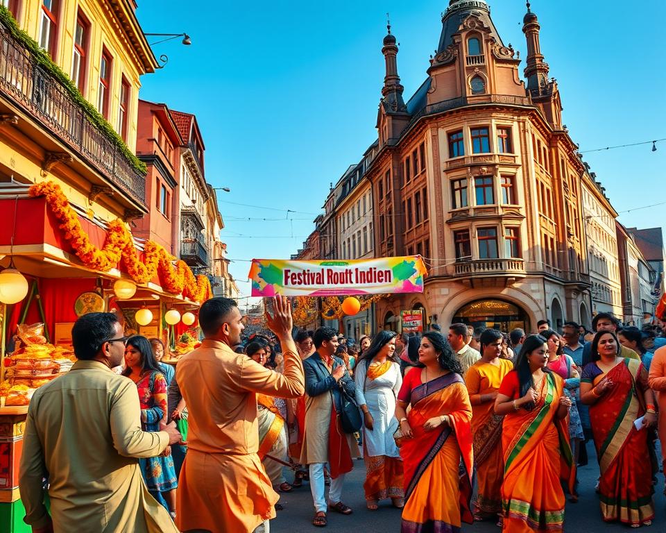 A vibrant street scene celebrating Indian festivals in Germany, showcasing a colorful procession with people dressed in traditional Indian attire, such as sarees and kurta-pajamas, engaged in joyful festivities. In the foreground, a group of men and women dance together, surrounded by stalls adorned with marigold flowers and decorative lights. The middle ground features a large, colorful banner reading "Festival Route Indien," and joyful families enjoying traditional Indian foods like samosas and sweets. The background includes historic German architecture infused with Indian decorations, under a clear blue sky. The warm, festive lighting casts a golden glow, capturing the lively atmosphere of celebration and cultural exchange. A wide-angle view enhances the depth and vibrancy of the scene.