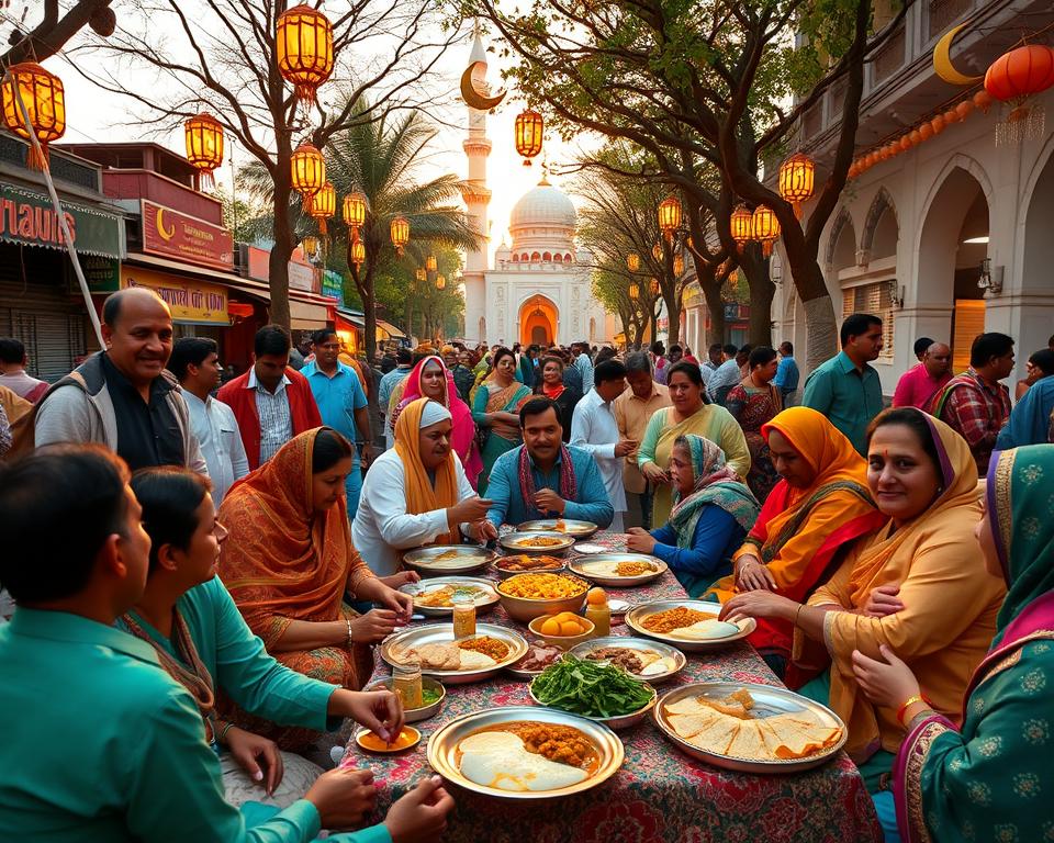 A vibrant street scene during Eid in India, showcasing a diverse group of men, women, and children dressed in colorful traditional attire, such as kurtas and salwar kameez. In the foreground, families share festive meals on beautifully adorned tables, with delicious dishes like biryani and sweets like baklava. The middle ground features decorative lanterns and crescent moons hanging from trees, symbolizing the festive spirit. In the background, an elegant mosque is illuminated by warm golden lights, enhancing the celebratory atmosphere. The sun sets, casting a soft, warm glow over the scene, creating a joyful and inviting mood. Use a wide-angle lens to capture the bustling energy of the celebration, focusing on both the details of the food and the happiness of the people gathered together.