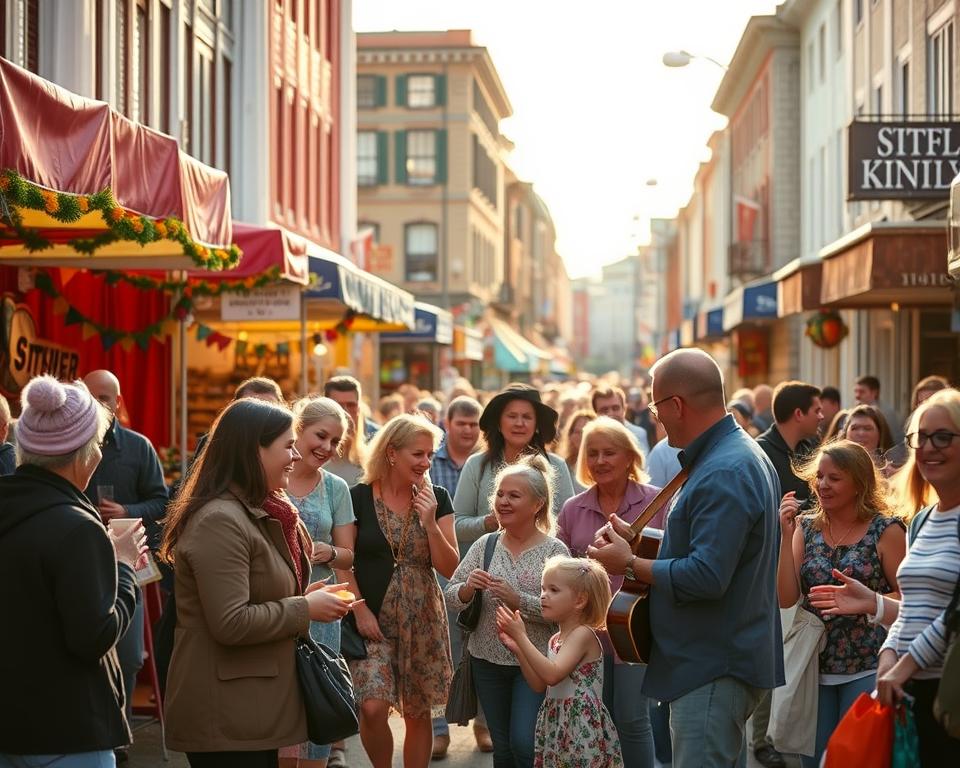A vibrant street scene from one of St. John's lively festivals, showcasing colorful tents and decorations filled with local crafts and food. In the foreground, diverse groups of people, clad in modest casual clothing, enjoy the festivities, sampling traditional Newfoundland dishes and engaging in cheerful conversations. In the middle, musicians play lively folk tunes, drawing a small crowd, while children's laughter blends with the rhythmic sounds. The background features picturesque historic buildings, reflecting the charm of the city, bathed in warm, golden sunlight that enhances the festive atmosphere. Capture this moment with a slightly elevated angle, providing a dynamic perspective, and emphasizing the joyous, communal spirit of the festival. The overall mood should convey a sense of celebration, connection, and cultural richness.