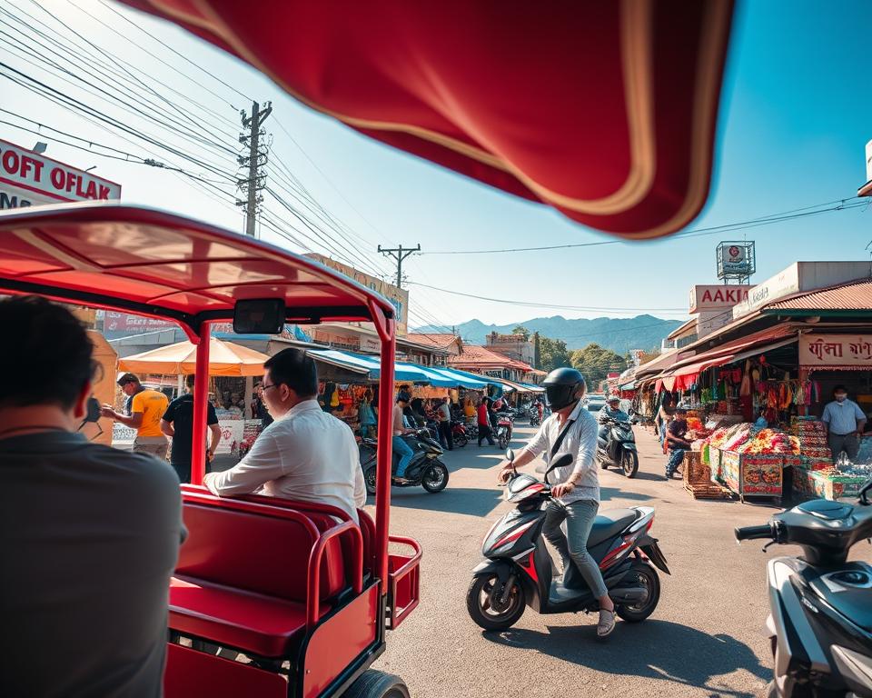 A vibrant street scene in Chiang Mai showcasing various modes of transport. In the foreground, a red songthaew is parked with a couple of passengers inside, dressed in casual, modest clothing. Nearby, a person is riding a scooter, wearing a helmet and casual attire. The middle ground captures a bustling street market filled with colorful stalls selling local goods, emphasizing the lively culture. In the background, the silhouette of distant mountains under a bright, blue sky adds depth to the scene. The lighting is warm and inviting, suggesting late afternoon, while the angle captures the bustling street life. The overall mood is dynamic and cheerful, reflecting the essence of transport in Chiang Mai without any distractions or text. A vibrant street scene in Chiang Mai showcasing various modes of transport. In the foreground, a red songthaew is parked with a couple of passengers inside, dressed in casual, modest clothing. Nearby, a person is riding a scooter, wearing a helmet and casual attire. The middle ground captures a bustling street market filled with colorful stalls selling local goods, emphasizing the lively culture. In the background, the silhouette of distant mountains under a bright, blue sky adds depth to the scene. The lighting is warm and inviting, suggesting late afternoon, while the angle captures the bustling street life. The overall mood is dynamic and cheerful, reflecting the essence of transport in Chiang Mai without any distractions or text.