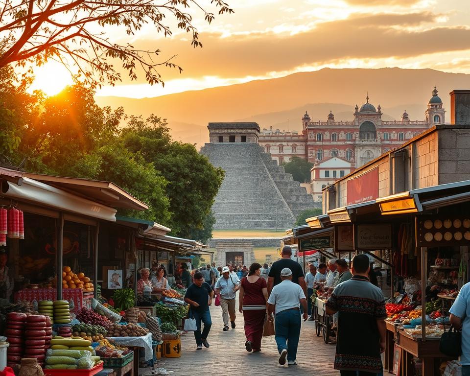 A vibrant street scene in Cholula, Mexico showcases the lively atmosphere of local markets. In the foreground, colorful stalls display fresh produce, traditional crafts, and an array of street food, with vendors in modest clothing enthusiastically engaging with visitors. The middle ground features the iconic Cholula Pyramid, partially obscured by lush greenery, while people wander and explore. In the background, the stunning Puebla city skyline with its colonial architecture glimmers under a golden sunset, casting warm, inviting light throughout the scene. The composition offers a dynamic angle, capturing the essence of daily life and culture. The mood is festive and rich with heritage, inviting viewers to immerse themselves in the local experience.
