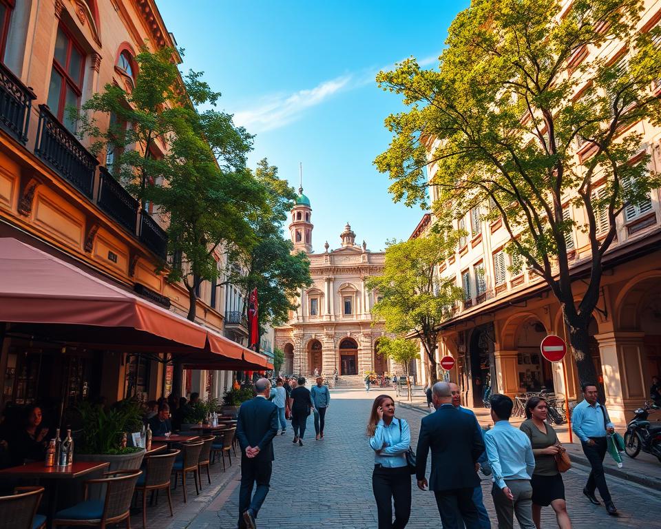 A vibrant street scene in Kota Tua, Jakarta, showcasing the historical buildings of Oud Batavia with Dutch colonial architecture. In the foreground, an elegant café with outdoor seating is bustling with visitors dressed in professional attire, enjoying the ambiance. The middle ground features iconic landmarks like the Fatahillah Museum and the old post office, surrounded by cobblestone streets. In the background, lush green trees frame the scene under a clear blue sky, with a warm golden light of late afternoon casting soft shadows. The atmosphere is lively yet nostalgic, capturing the essence of Jakarta's rich history and captivating charm. The lens perspective is wide, emphasizing the beauty of the architecture and the vibrancy of community life.