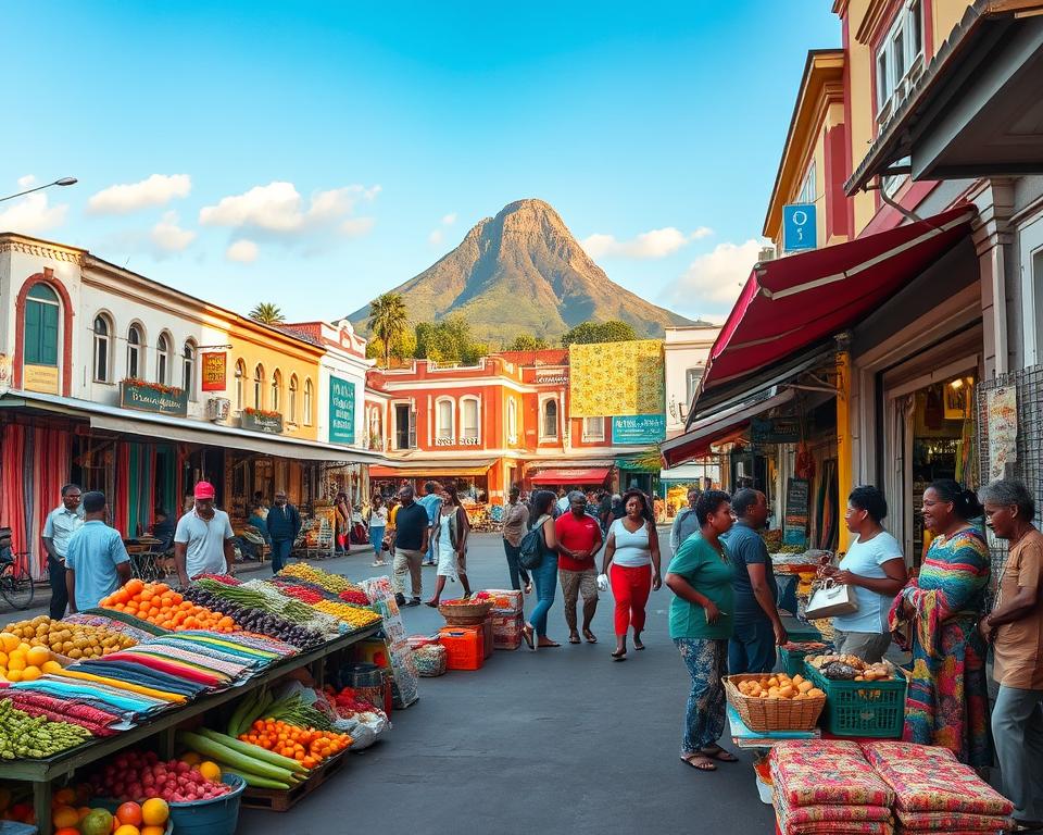 A vibrant street scene in Port Louis, Mauritius, bustling with life, showcasing a colorful market filled with fresh fruits, spices, and local crafts. In the foreground, a variety of vibrant textiles and vegetables are artfully displayed, while vendors and shoppers in modest casual clothing engage in cheerful conversations. The middle ground features charming buildings with a mix of colonial architecture and modern shops, adorned with colorful signage. In the background, the iconic Le Pouce mountain stands majestically under a bright blue sky. Soft, warm lighting casts inviting shadows, giving the scene a lively yet relaxed atmosphere. Capture this moment from a slightly elevated angle to encompass the lively interaction between people and the vivid market stalls, evoking the essence of Port Louis streetlife.