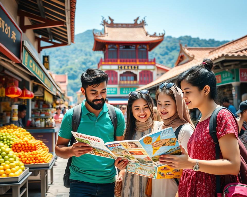 A vibrant street scene in Sanya, China, showcasing practical travel tips for visitors. In the foreground, a diverse group of three travelers, dressed in casual but modest attire, consult a colorful travel guide while standing near a local market stall filled with exotic fruits and souvenirs. In the middle ground, the bustling street features traditional Chinese architecture, shops, and friendly local vendors, creating a lively atmosphere. In the background, the lush greenery of Sanya's mountainous terrain meets the clear blue sky, enhancing the overall vibrancy of the scene. The lighting is bright and sunny, highlighting the colorful elements of the market and the expressions of curiosity on the travelers' faces. The image conveys a sense of adventure and cultural exploration.