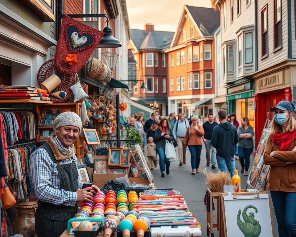 A vibrant street scene in St. John's, Newfoundland, showcasing quaint shops and local markets filled with colorful products and souvenirs. In the foreground, a friendly shopkeeper, dressed in casual yet professional attire, is arranging handmade crafts and local art. The middle ground features shoppers engaging with the items and each other, creating a lively atmosphere. The background reveals charming historic buildings with distinct architecture, bathed in warm, golden evening light that reflects the welcoming vibes of the city. Use a slightly elevated angle to capture the bustling street, enhancing the sense of community and local charm. The mood is cheerful and inviting, perfect for illustrating the shopping opportunities in this beautiful coastal town.