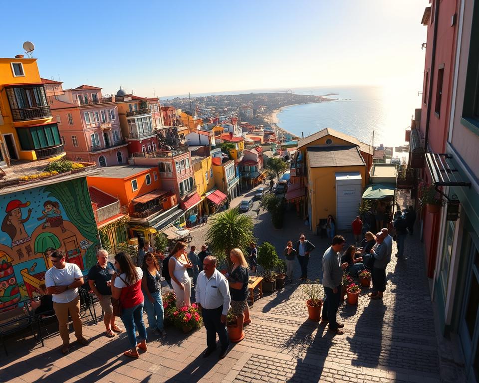 A vibrant street scene in Valparaíso, showcasing its iconic colorful houses perched on steep hillsides. In the foreground, a lively mural featuring local art, surrounded by people in casual, modest clothing admiring the view. The middle ground displays a winding cobblestone street lined with bustling cafes and shops, with potted flowers adding splashes of color. The background features the picturesque coastline and the Pacific Ocean shimmering under the golden hour sunlight, casting long, soft shadows. Capture the dynamic energy of the city with warm, inviting lighting. Use a wide-angle lens to emphasize the depth and layers of this unique urban landscape, creating a sense of exploration and charm. The overall mood should be joyful and inviting, reflecting the essence of this colorful jewel of Chile.