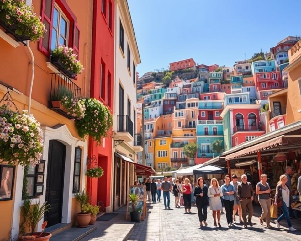 A vibrant streetscape in Valparaíso, Chile, showcasing colorful hillside houses and historical architecture. In the foreground, a charming boutique hotel with a welcoming entrance adorned with blooming flowers. In the middle ground, local artisans display crafts on the cobbled streets, while visitors stroll through the lively market. The background features the iconic hillside homes painted in bright hues, set against a clear blue sky. Soft, warm sunlight bathes the scene, creating a welcoming and inviting atmosphere. Capture the essence of the lively culture and unique character of Valparaíso, focusing on the architecture, atmosphere, and the joyful interactions of people dressed in modest casual clothing, all shot from a slightly elevated angle to encompass the vibrant neighborhood feel.
