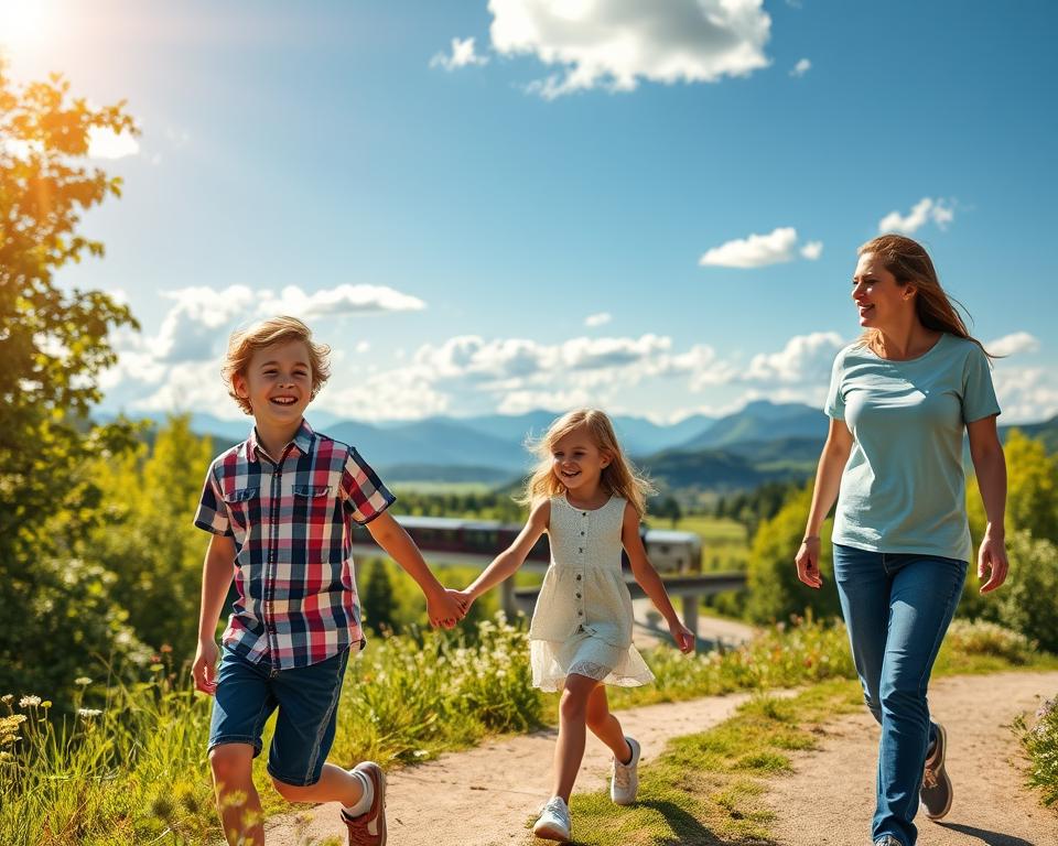 A vibrant summer day at Sommerberg, showcasing a family of four enjoying a scenic excursion. In the foreground, two children, a boy and a girl, are laughing and holding hands, their expressions filled with joy. The parents, dressed in comfortable casual attire, are walking alongside them, taking in the beautiful surroundings. In the middle ground, a panoramic view of the Sommerbergbahn railway, surrounded by lush greenery and wildflowers, creates a sense of adventure. The background features a clear blue sky dotted with fluffy white clouds, and the mountains in the distance stand majestically. Soft, warm sunlight streams through the trees, casting gentle shadows on the path. The mood is cheerful and inviting, perfect for a family outing.