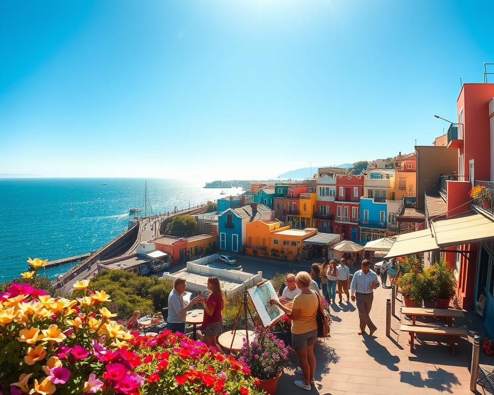 A vibrant summer scene in Valparaíso, Chile, showcasing its colorful buildings and lively coastal atmosphere. In the foreground, a picturesque street filled with blooming flowers and small cafes where locals and tourists, dressed in modest casual clothing, enjoy the beautiful day. In the middle ground, iconic hillside houses with bright hues of blue, yellow, and red bask in the warm sunlight, while a couple of artists can be seen painting the stunning landscapes. The background reveals the sparkling Pacific Ocean under a clear blue sky, dotted with distant sailboats. Soft, golden light illuminates the scene, creating a cheerful and inviting ambiance, capturing the essence of the best travel time in Valparaíso. The angle is slightly elevated, providing a panoramic view that emphasizes the city’s charm and unique atmosphere.