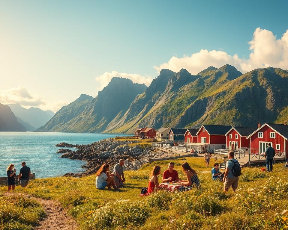 A vibrant summer scene on the Lofoten Islands, capturing the essence of June to August. In the foreground, a group of diverse travelers in casual clothing, enjoying a picnic on a grassy shore, surrounded by wildflowers. In the middle ground, traditional red and white wooden cabins dot the coastline, reflecting the area's heritage. The background showcases dramatic peaks of jagged mountains, partially covered in lush green foliage, under a clear blue sky with soft, fluffy clouds. The sunlight bathes the scene in a warm golden hue, creating a cheerful and inviting atmosphere. The angle is slightly elevated, providing a panoramic view of the breathtaking landscape, emphasizing both the beauty of nature and the joy of summer adventures on the Lofoten Islands.
