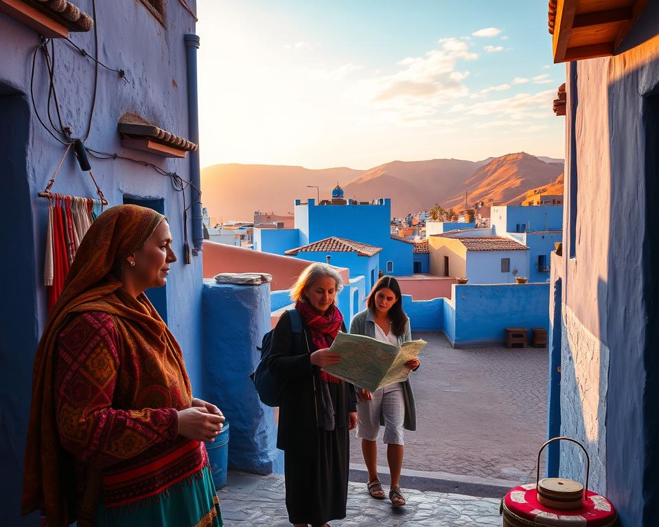 A vibrant, sunlit scene depicting the winding streets of the Medina in Chefchaouen, Morocco, showcasing the city’s iconic blue-washed walls and intricate architectural details. In the foreground, include a local vendor selling traditional crafts, dressed in modest, colorful attire that reflects Moroccan culture. In the middle, capture tourists engaged in exploration, pondering over a detailed map, with curious expressions as they navigate through the maze-like alleyways. The background features the majestic Rif Mountains with a sky painted in warm sunset hues, casting a golden glow over the scene. Soft, diffused lighting enhances the warm and inviting atmosphere, evoking a sense of adventure and cultural richness. The angle is slightly elevated, providing a sweeping view of the charming landscape without text or distractions.