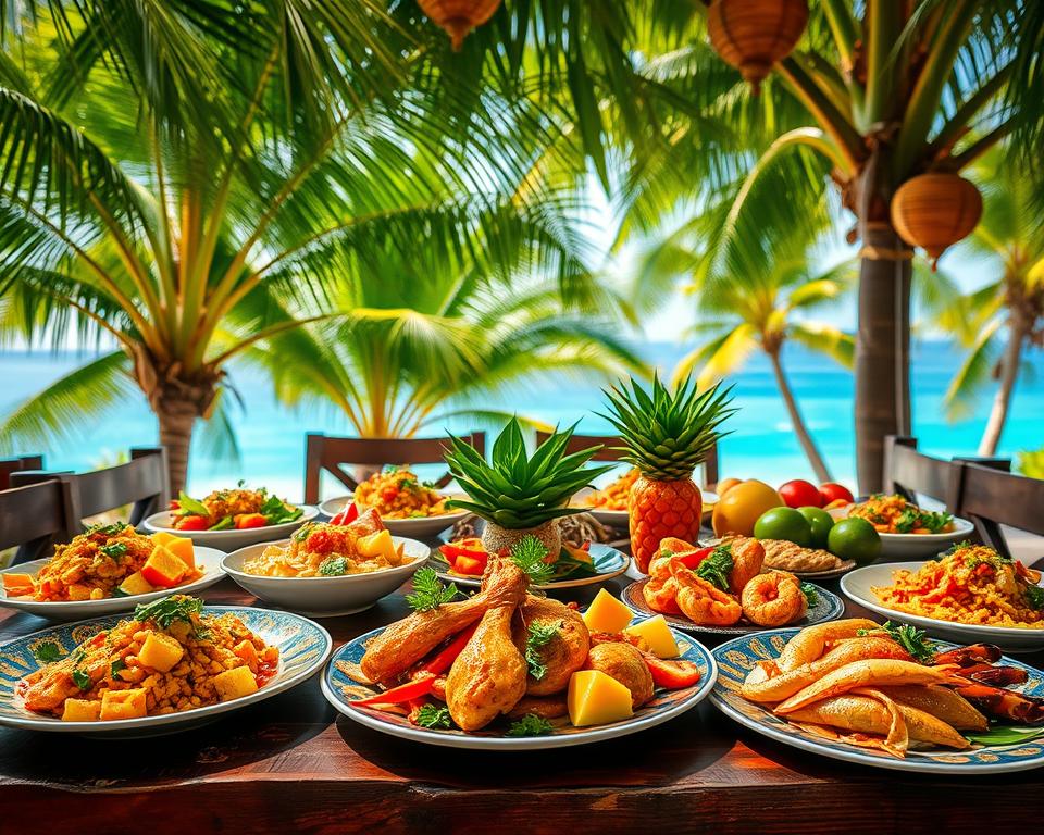 A vibrant table setting showcasing traditional Hainanese cuisine, featuring a variety of dishes like Wenchang chicken, fresh seafood, and tropical fruits. The foreground displays colorful plates arranged beautifully, garnished with herbs and vibrant sauces. In the middle ground, a rustic wooden table is set under a canopy of tropical foliage, with soft, natural lighting filtering through the leaves, creating a warm and inviting atmosphere. The background reveals a glimpse of Hainan's scenic coastline, with the blue ocean and palm trees. The overall mood is festive and exotic, inviting viewers to explore the culinary delights of Hainan. Use a wide-angle lens to capture the rich details and textures of the food, with a shallow depth of field to keep the focus on the dishes while softly blurring the background.