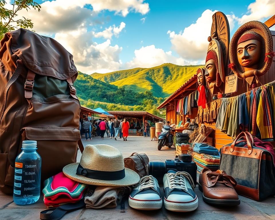 A vibrant travel checklist scene set in a picturesque setting inspired by Chichicastenango. In the foreground, a neatly arranged selection of essential travel items like a sturdy backpack, water bottle, sun hat, layered clothing, comfortable walking shoes, and a camera. In the middle ground, an artisan market bustling with colorful textiles, handcrafted goods, and traditional wooden masks, showcasing the rich culture of the region. The background features lush green hills under a bright blue sky with soft, fluffy clouds, evoking a sense of adventure. Golden hour lighting casts a warm glow, enhancing the inviting atmosphere. Capture the essence of preparation for an exciting journey to this vibrant town.