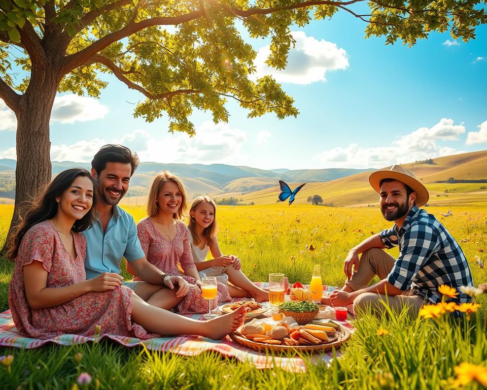 A vibrant travel landscape depicting ideal vacation weather during school holidays. In the foreground, a diverse family in modest casual clothing enjoys a picnic on a colorful blanket under a large, leafy tree, with smiling expressions and an array of delicious food. In the middle, a beautiful meadow filled with wildflowers and butterflies adds a sense of joy and freedom. In the background, rolling hills and a bright blue sky with fluffy white clouds convey a sense of serenity and adventure. The lighting is warm and golden, reminiscent of a sunny day, while the scene captures the essence of summer travel, inviting the viewer to imagine their perfect getaway.