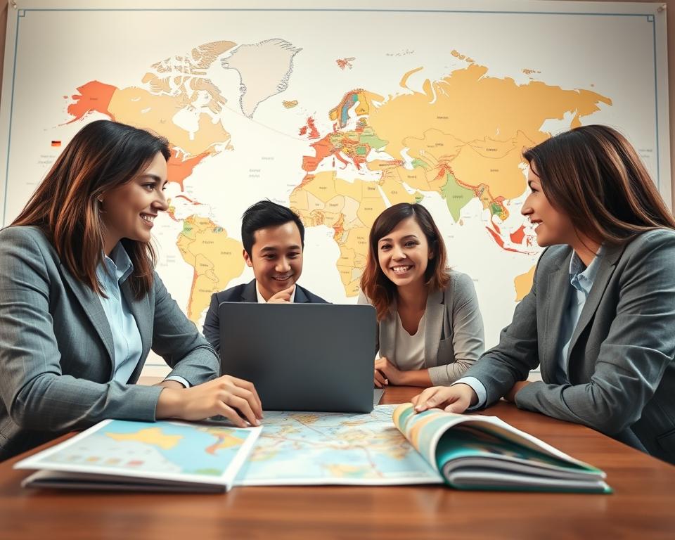 A vibrant travel planning scene set against a backdrop of a world map, showcasing highlighted destinations from Germany. In the foreground, a diverse group of three individuals, dressed in smart casual attire, eagerly discusses their trip using a laptop and travel guides spread out on a table. The middle ground features a large, colorful world map with marked routes and flags indicating popular travel countries. Soft, natural lighting illuminates the scene, creating an inviting atmosphere. The angle captures the excitement and collaboration of travel planning, conveying a sense of adventure and efficiency. A subtle, warm color palette enhances the mood, symbolizing a blend of anticipation and joy in exploring the beautiful countries around the world.