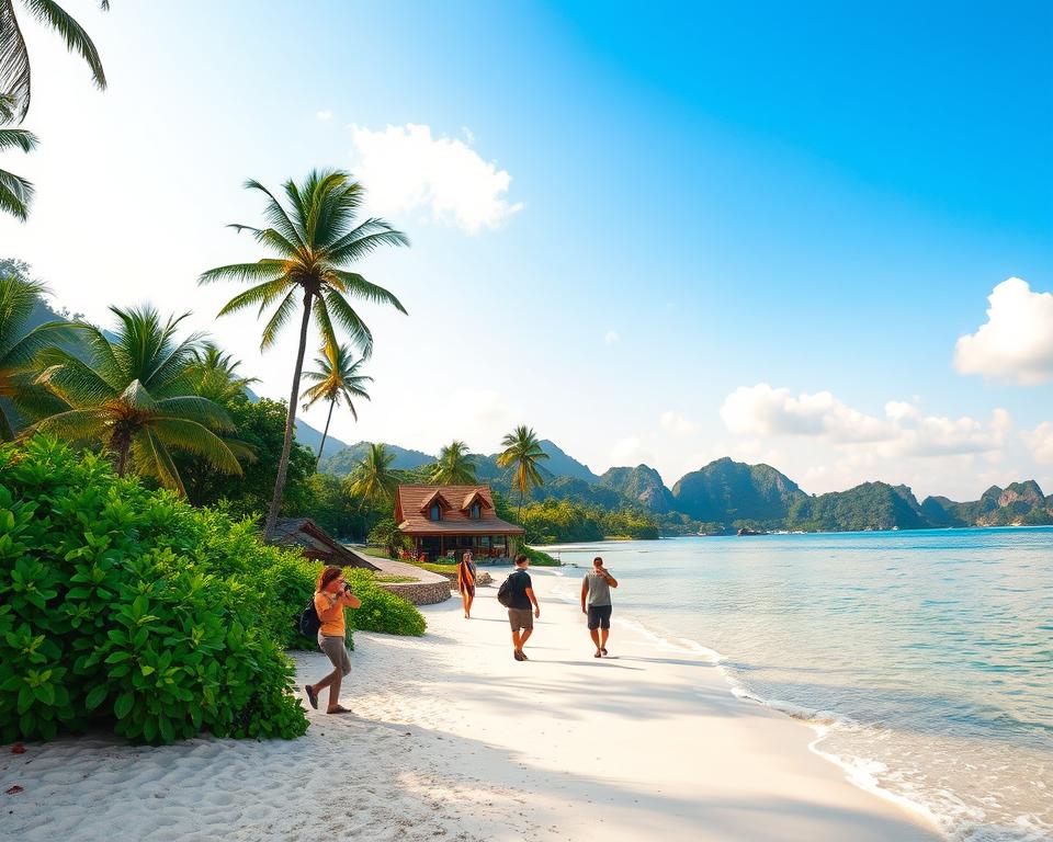 A vibrant travel scene depicting the breathtaking island of Pulau Langkawi, Malaysia. In the foreground, a serene beach with fine, white sand and gentle waves lapping at the shore, interspersed with lush tropical foliage. The middle ground features a winding path lined with palm trees leading to a quaint beachside hut. Travel enthusiasts in modest casual clothing explore the area, capturing moments on their cameras. The background reveals the iconic Langkawi landscape, showcasing dramatic karst formations and verdant hills under a bright, sunny sky, with soft, diffused lighting creating an inviting atmosphere. A few fluffy clouds drift lazily, enhancing the sense of tranquility and adventure inherent in discovering ideal travel routes for various stays on the island.