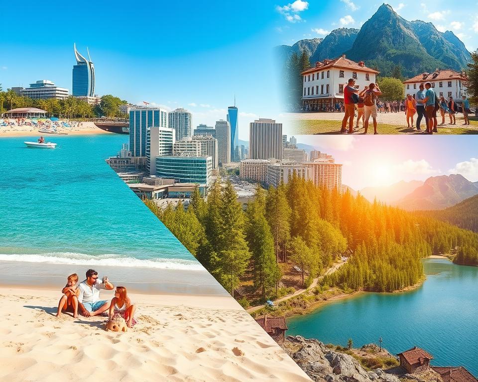 A vibrant travel scene showcasing four distinct travel types in one cohesive image. In the foreground, a sandy beach with crystal-clear water, where families build sandcastles under a bright sun, evoking a summer vibe. The middle area features a bustling cityscape with modern architecture, busy streets filled with people in smart casual clothing taking photos, reflecting urban exploration. Next, a lush green forest with hikers exploring nature trails, surrounded by tall trees, adding an adventurous spirit, and finally, a dramatic mountain landscape in the background with a serene lake, capturing the essence of tranquility. The lighting is warm and inviting, highlighting the beauty of each section. The overall mood is optimistic and adventurous, encouraging viewers to plan their perfect getaway.