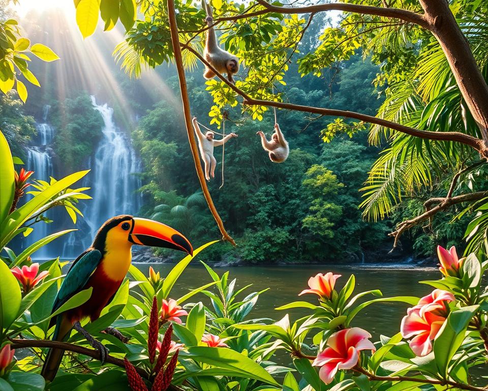 A vibrant tropical landscape in Montezuma, Costa Rica, showcasing the diverse wildlife native to the area. In the foreground, a colorful toucan perched on a branch, surrounded by lush green leaves and vibrant flowers. In the middle ground, playful monkeys swing through the trees, with a glimpse of a sloth lazily hanging upside down. The background features cascading waterfalls and dense, misty rainforest, bathed in soft, dappled sunlight filtering through the canopy. A serene river flows gently, reflecting the lush surroundings. Use a wide-angle lens to capture the richness of the scenery, with bright, warm lighting to evoke a lively, inviting atmosphere that highlights the enchanting biodiversity and natural beauty of Montezuma.